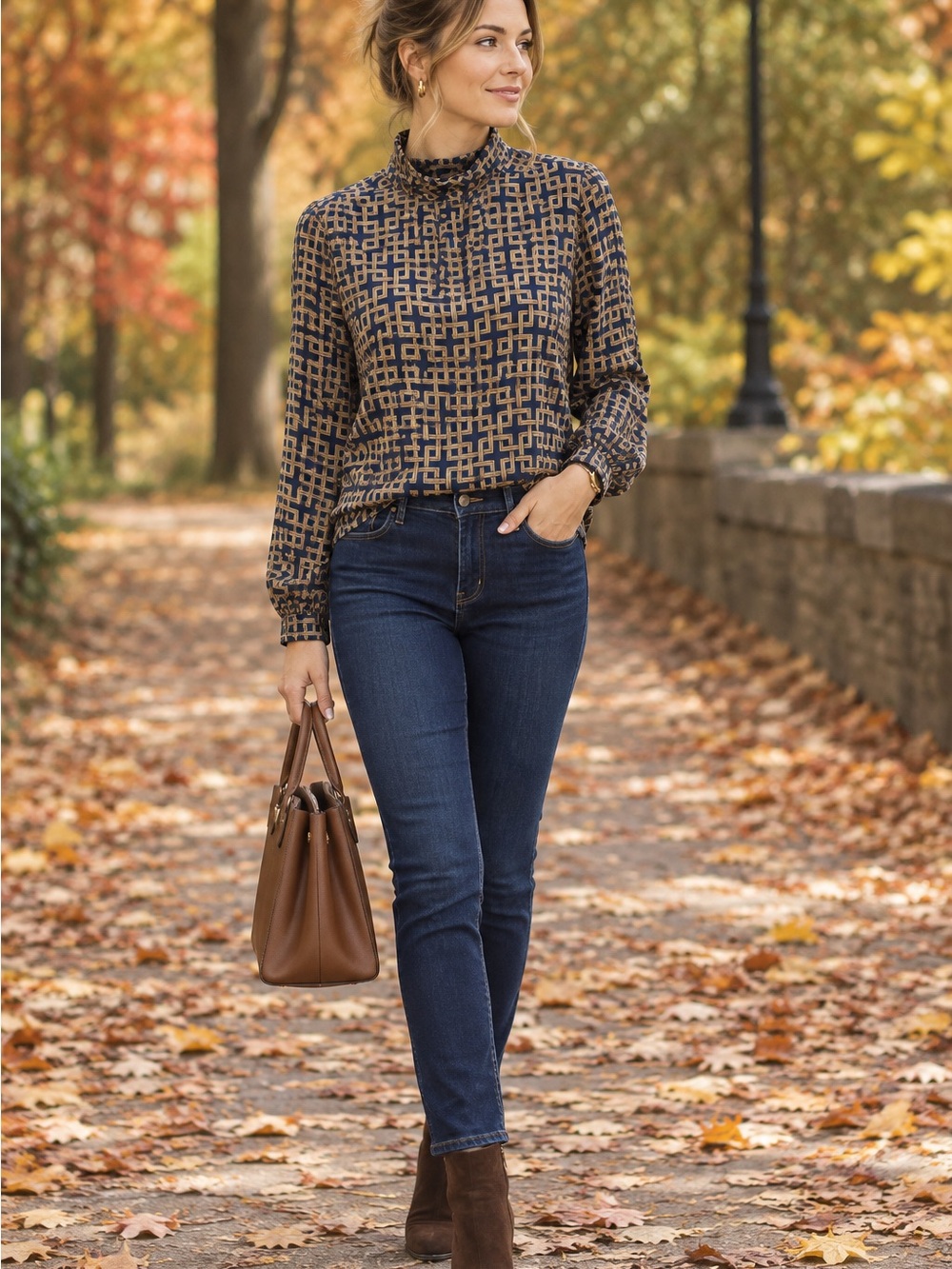 Pendleton Navy and Taupe Geometric Long-Sleeve Shirt